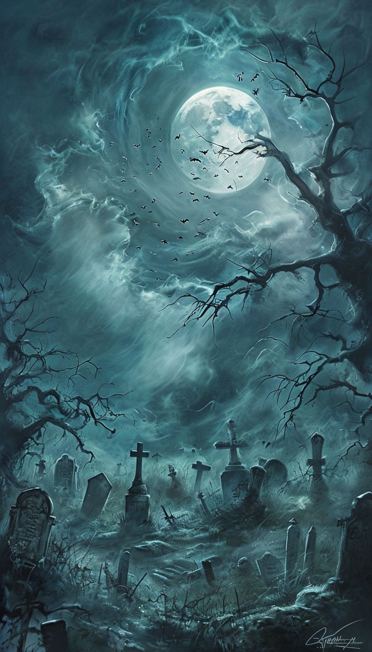 Eerie Moonlit Cemetery with Bats and Swirling Clouds Mobile Wallpaper