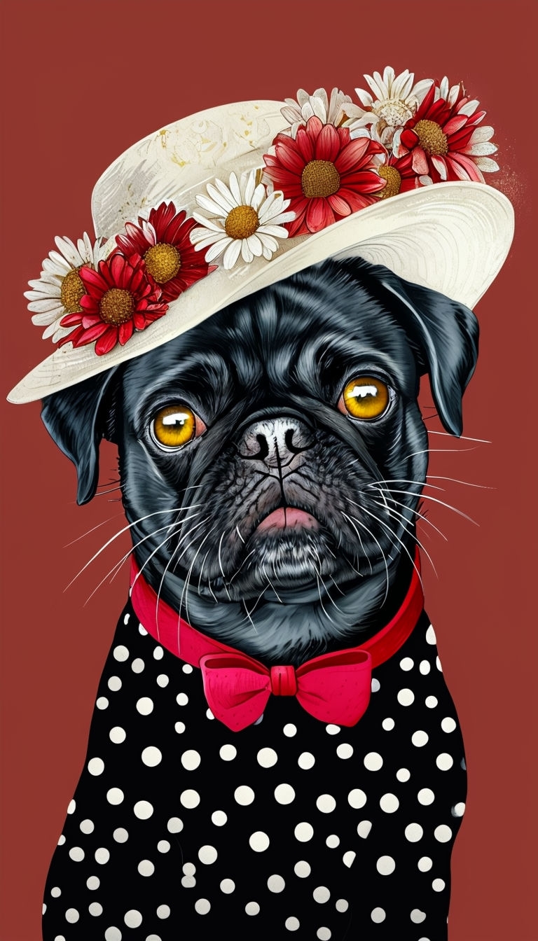 Charming Black Pug with Floral Hat and Polka Dot Dress Phone Case Cover