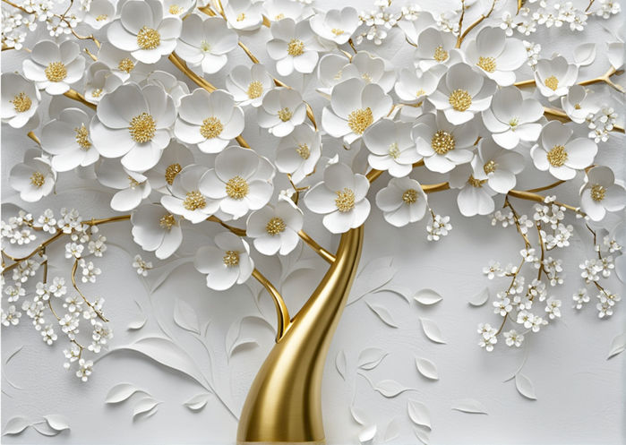 Prompt: A golden vase holding a white flower tree with a light grey background.