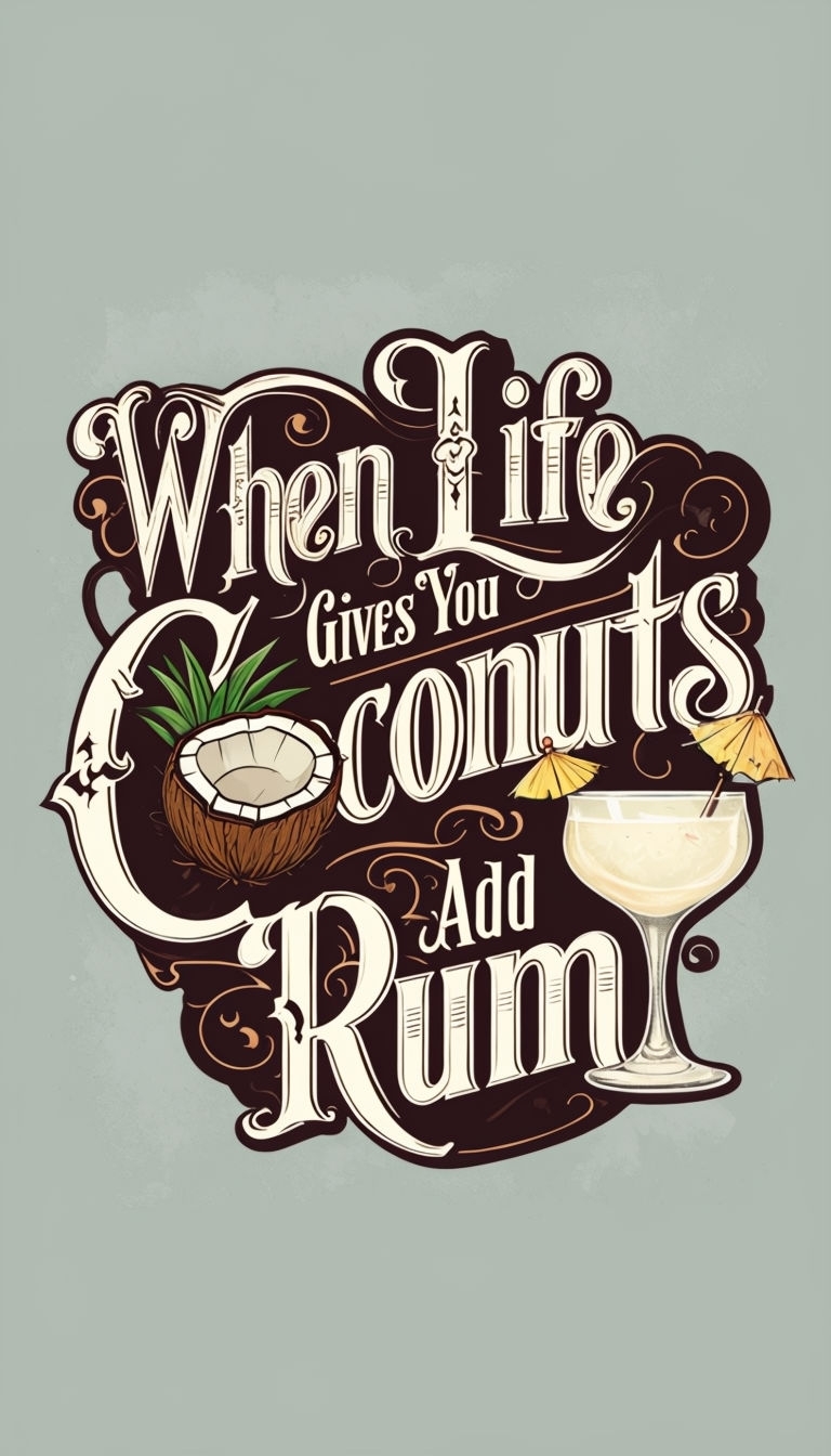 Vintage Motivational Quote with Coconuts and Rum Illustration Poster