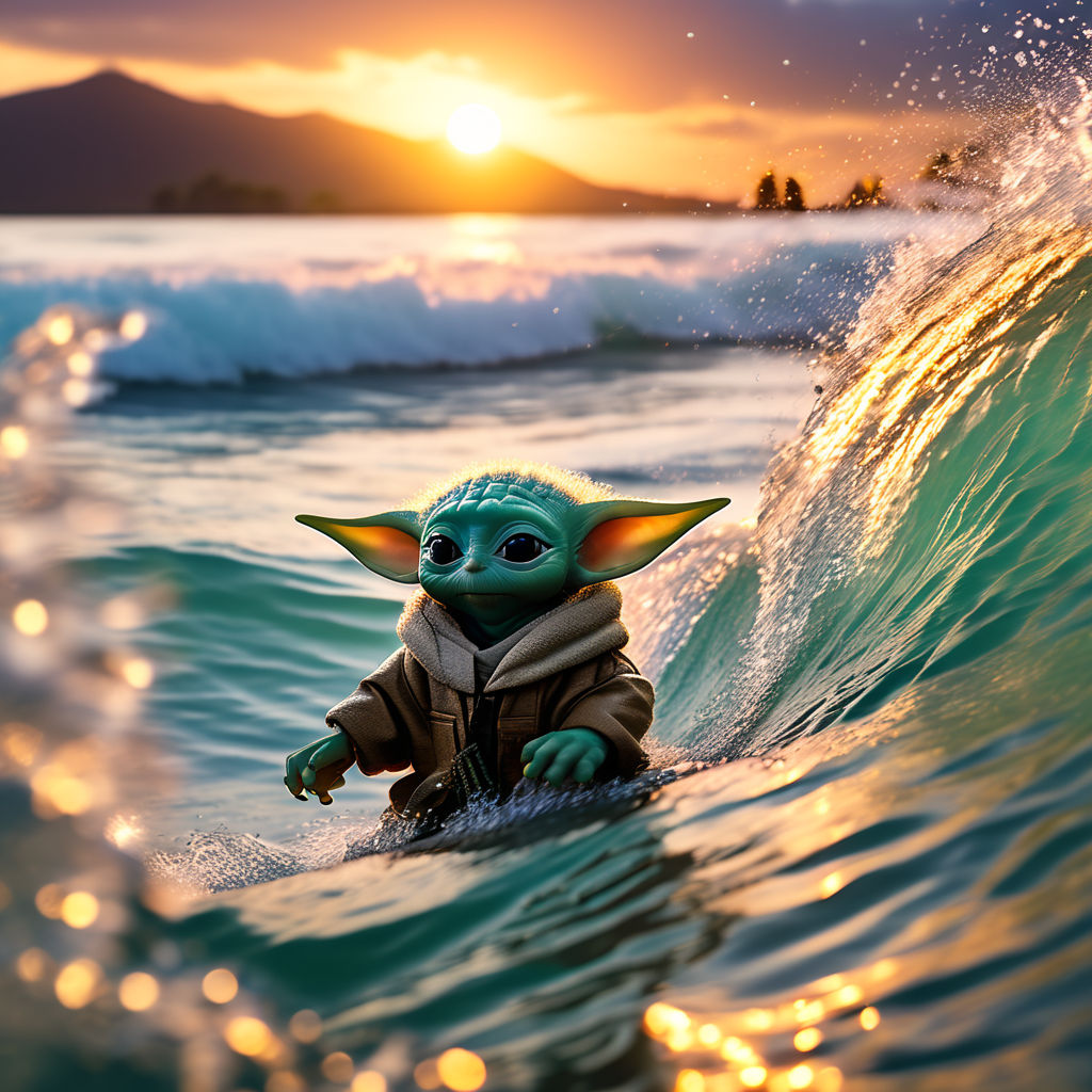 Baby Yoda as a Rastafari in Jamaica surfing a wave as the s... by Aron ...