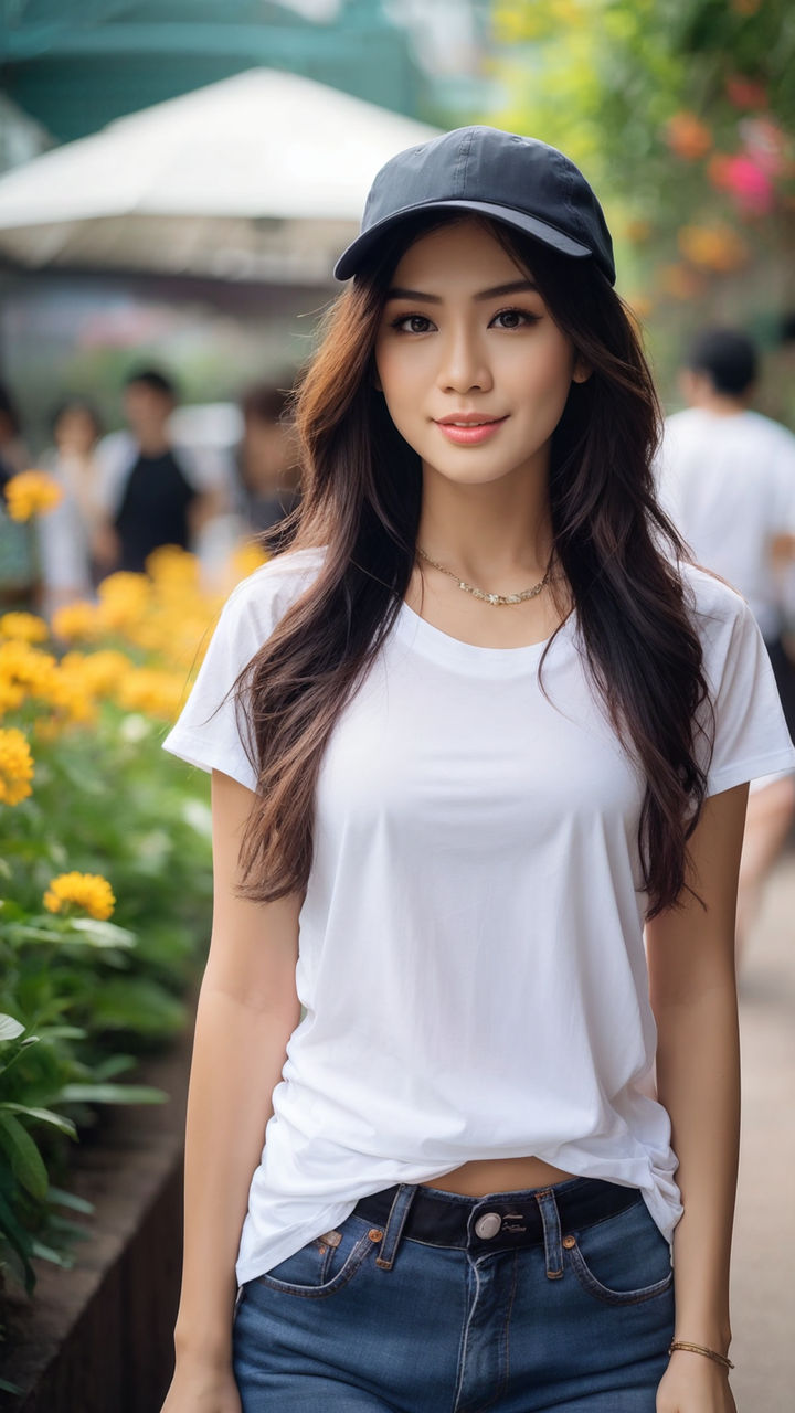 a sexy woman in tight-fitting a white t-shirt