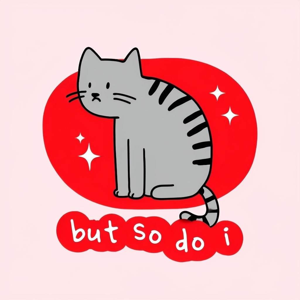 Sad Cartoon Cat with Whimsical 'But So Do I' Text Sticker