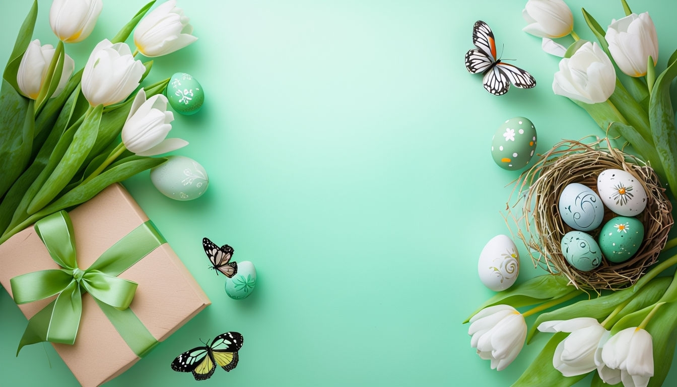 Festive Easter Still Life with Tulips and Painted Eggs Background