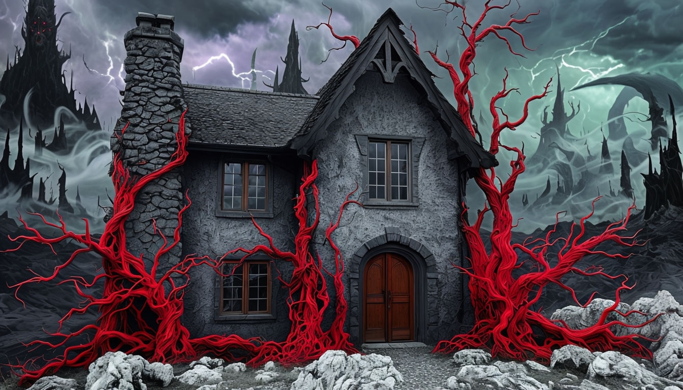 Eerie Gothic House Surrounded by Red Trees and Dark Fantasy Background Virtual Backgrounds