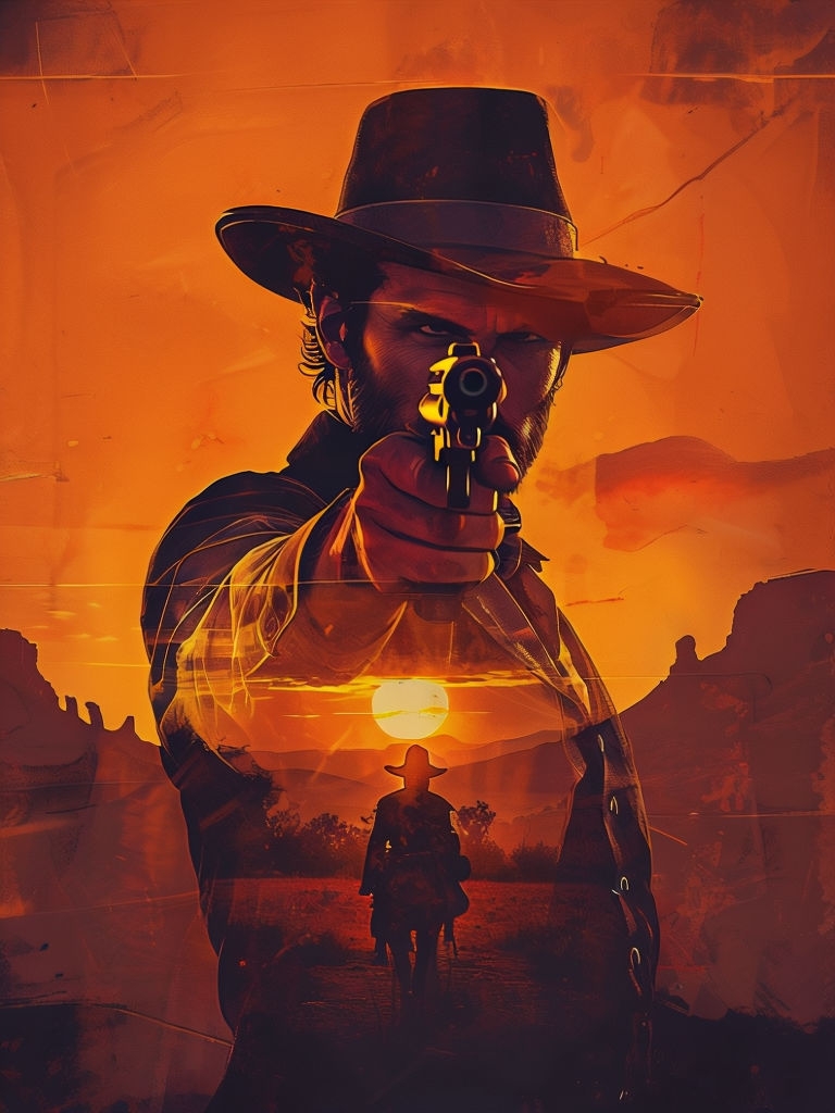 Wild West Gunslinger Double Exposure Sunset Illustration Art