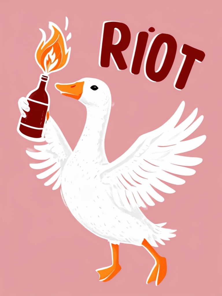 Whimsical Goose with Riot Bottle Illustration Poster