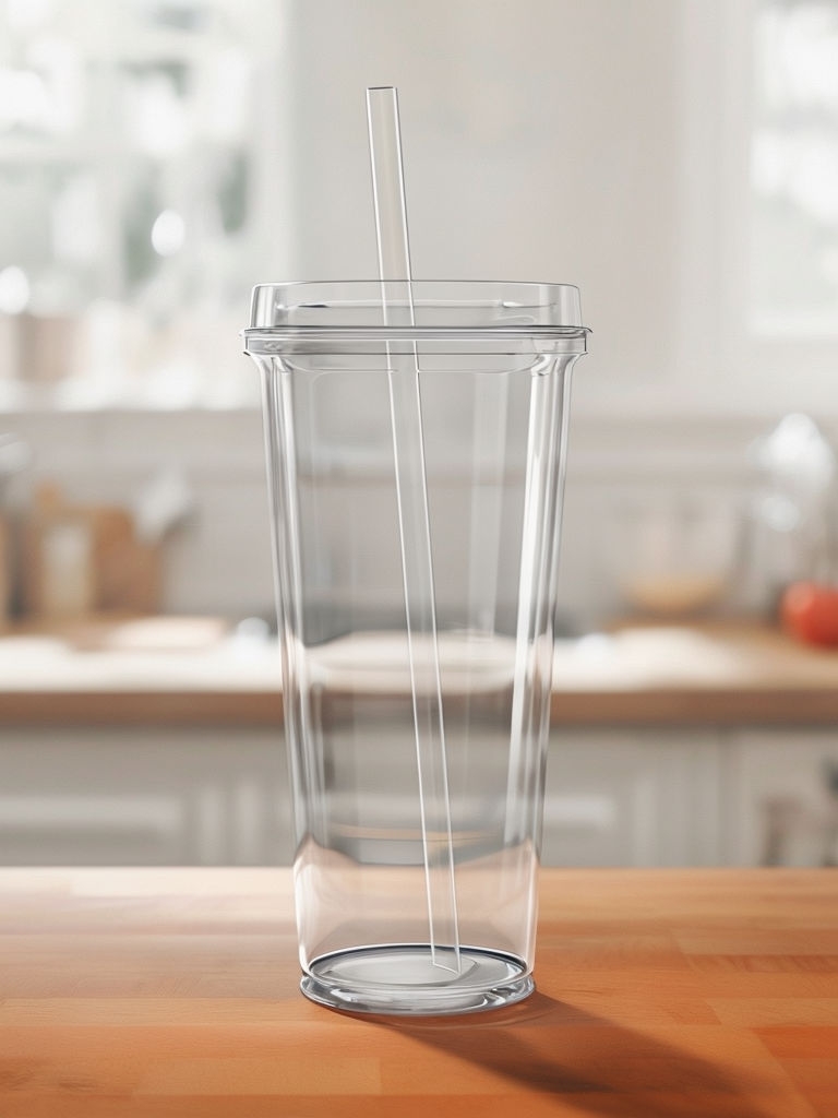 Sleek Transparent Soda Tumbler on Wooden Kitchen Counter Mockup