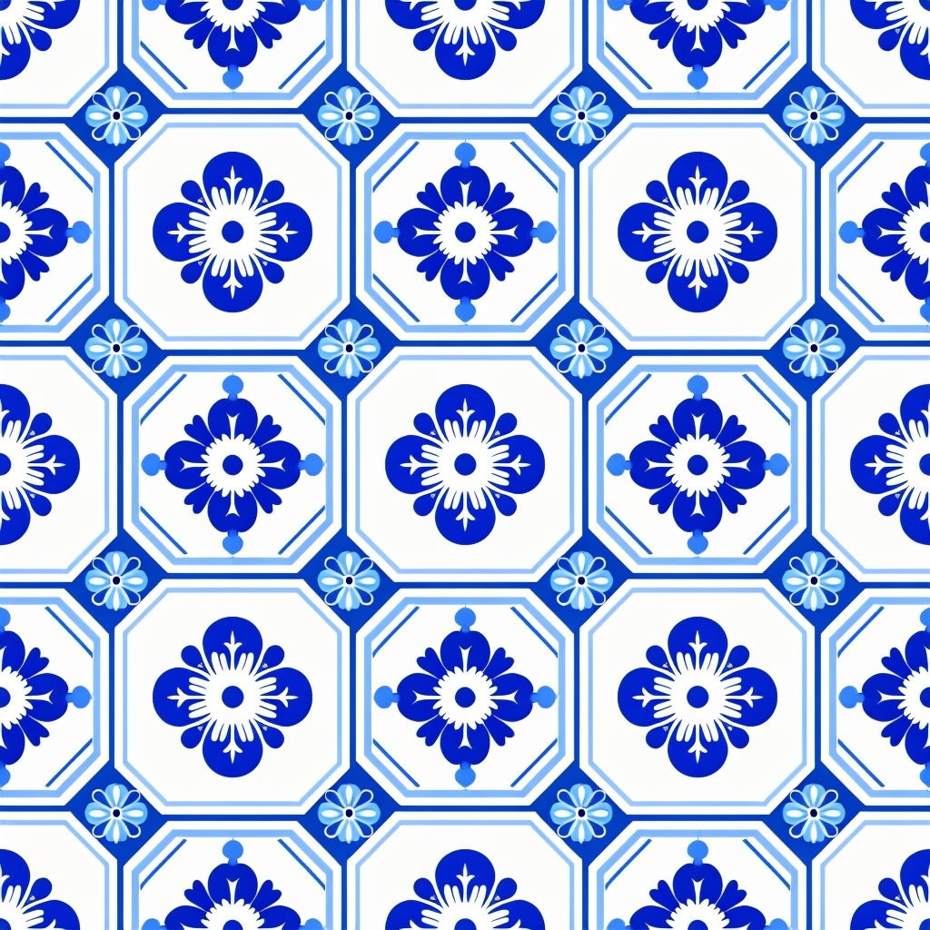Blue Floral and Circular Octagon Seamless Pattern Design