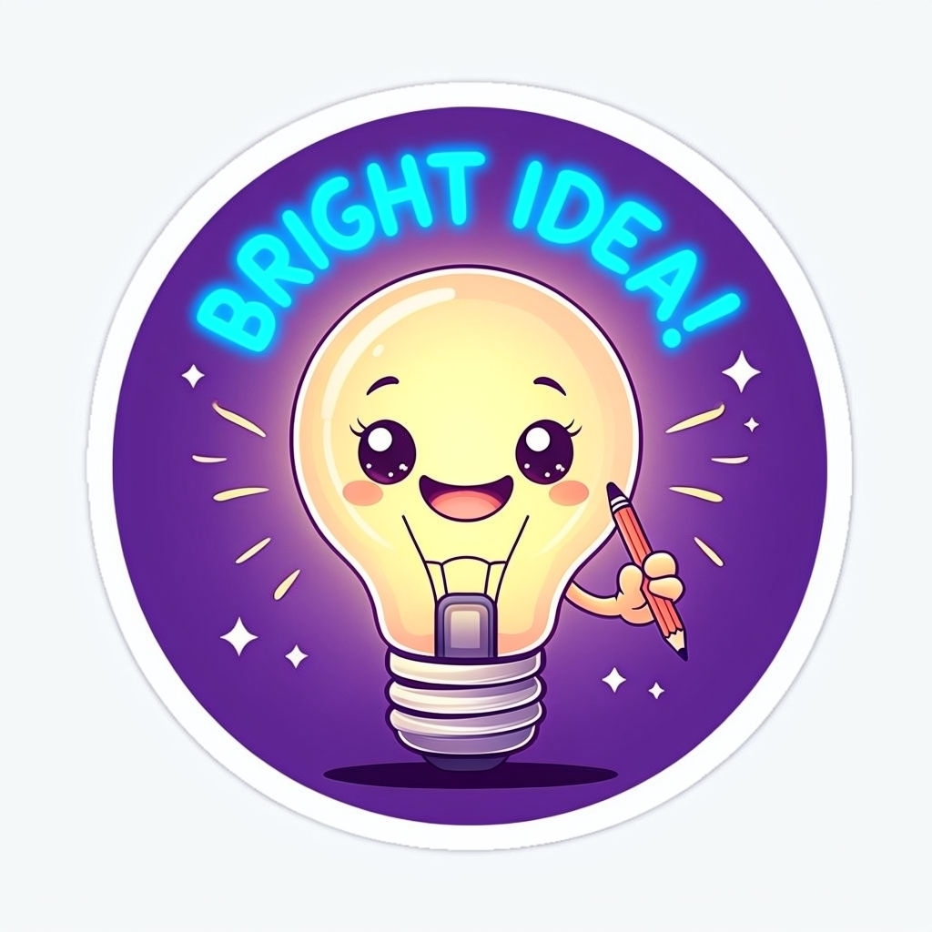 Smiling Light Bulb Character with 'Bright Idea' Sticker