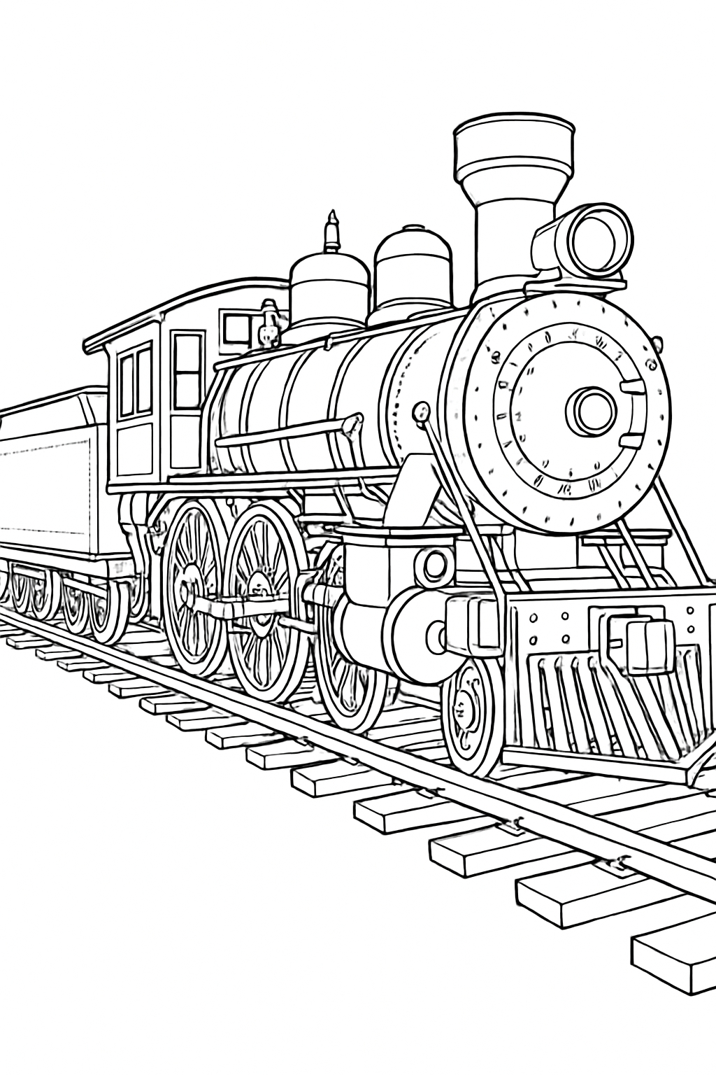 Intricate Line Drawing of a Classic Steam Locomotive Coloring Book Pages