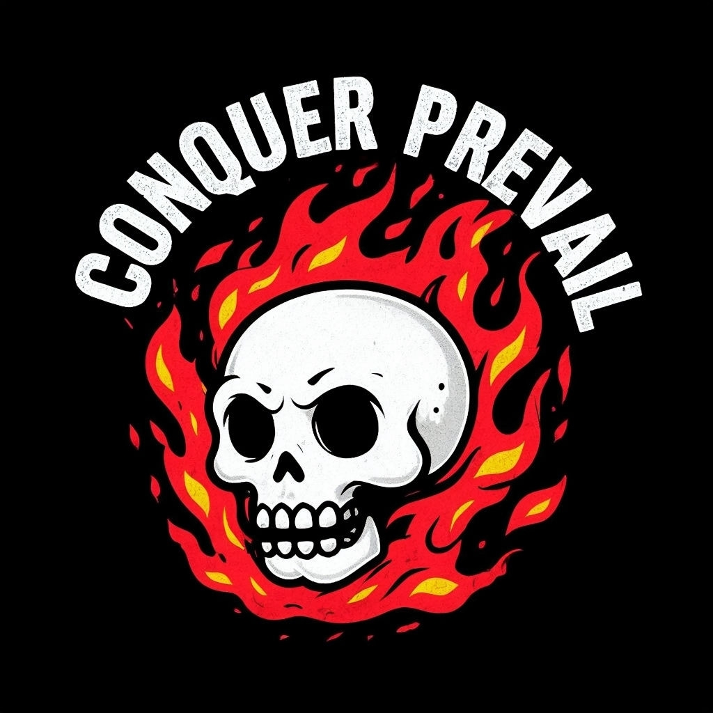 Fierce Skull with Flames and "Conquer Prevail" T-Shirt