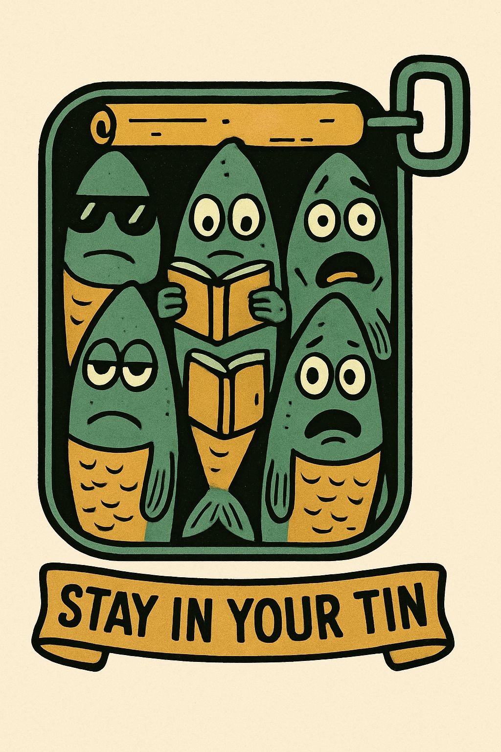 Whimsical Vintage Green Fish Inside Tin Can Illustration Poster