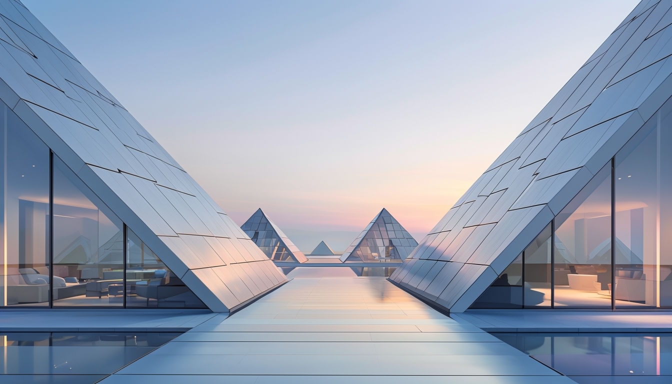 Serene Minimalist Pyramid Architecture with Reflective Surfaces Virtual Backgrounds