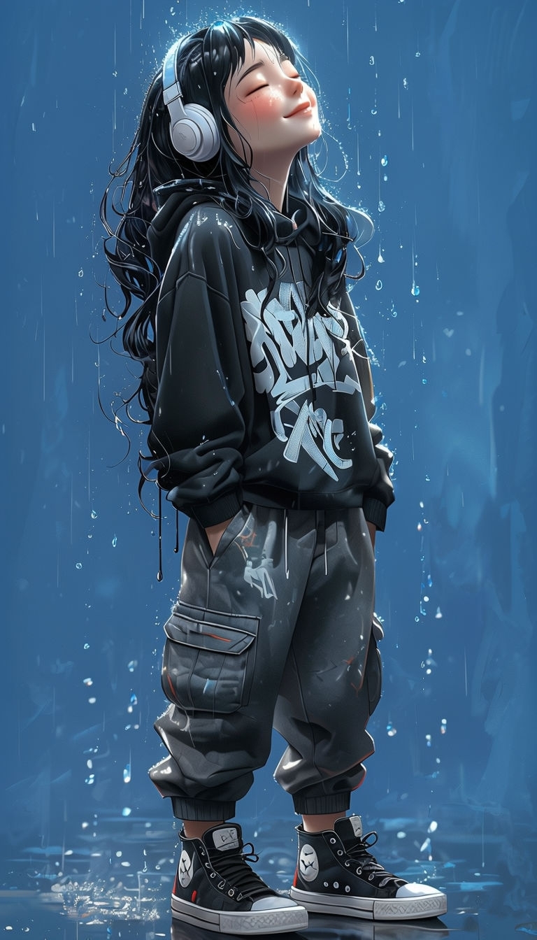 Photorealistic Anime-Inspired Young Woman Enjoying Rain Art
