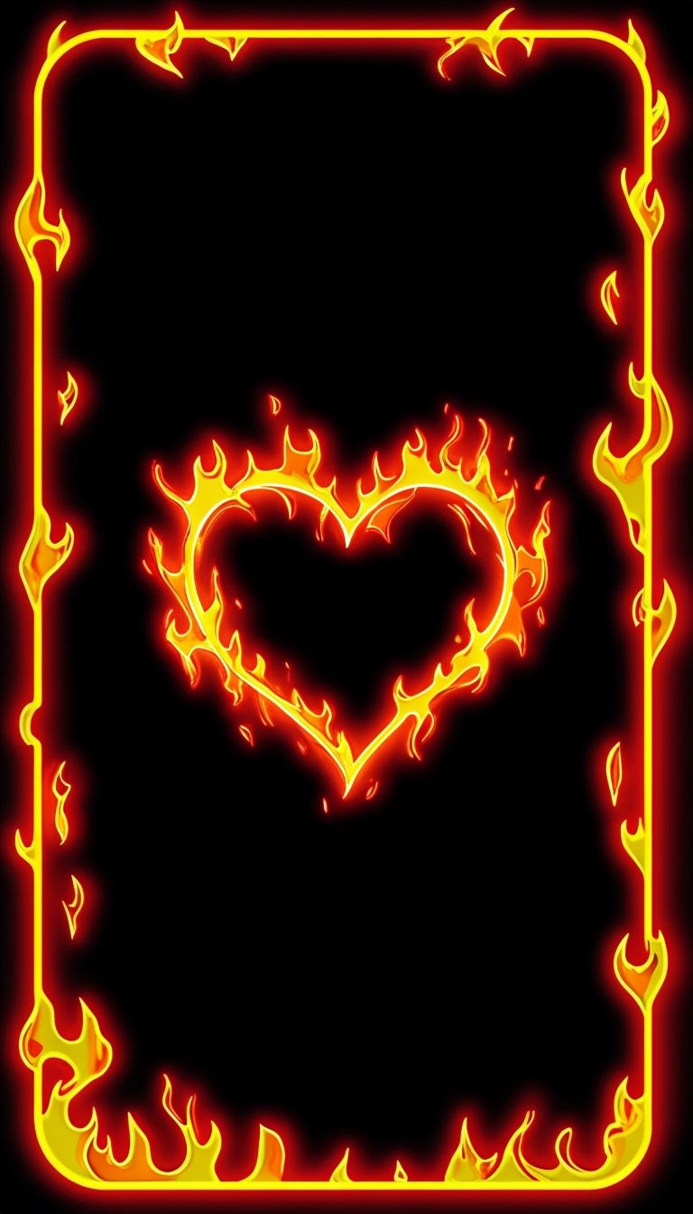 Glowing Heart with Fiery Borders on Black Background Mobile Wallpaper