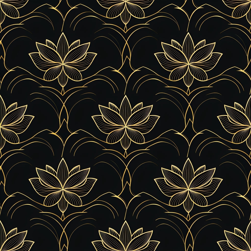 Elegant Gold Lotus Flower Seamless Pattern on Black Background