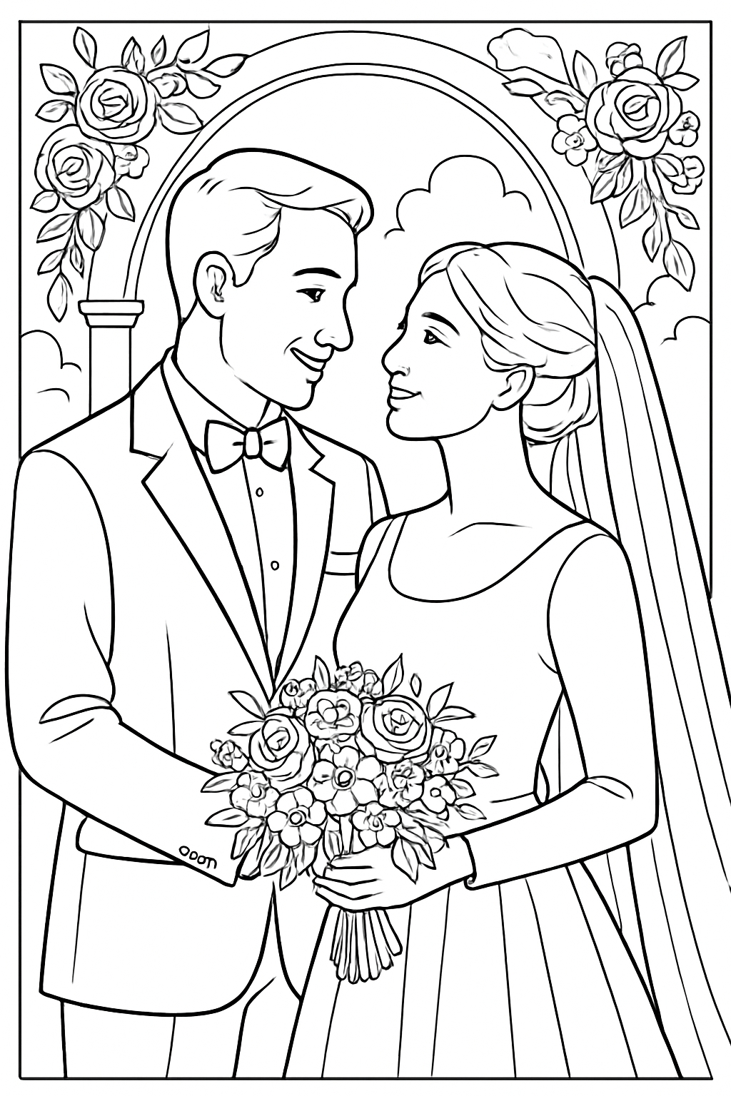 Romantic Wedding Scene Featuring Bride and Groom Coloring Page
