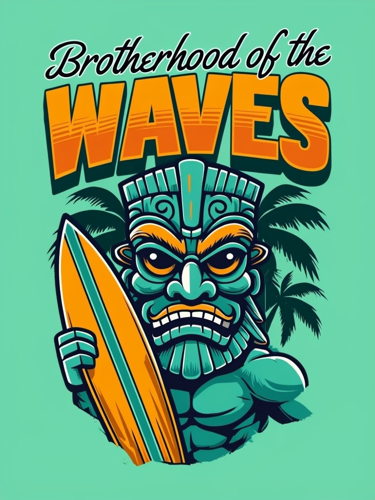 Vibrant Teal Tiki Mask with Surfboard T-Shirt Design
