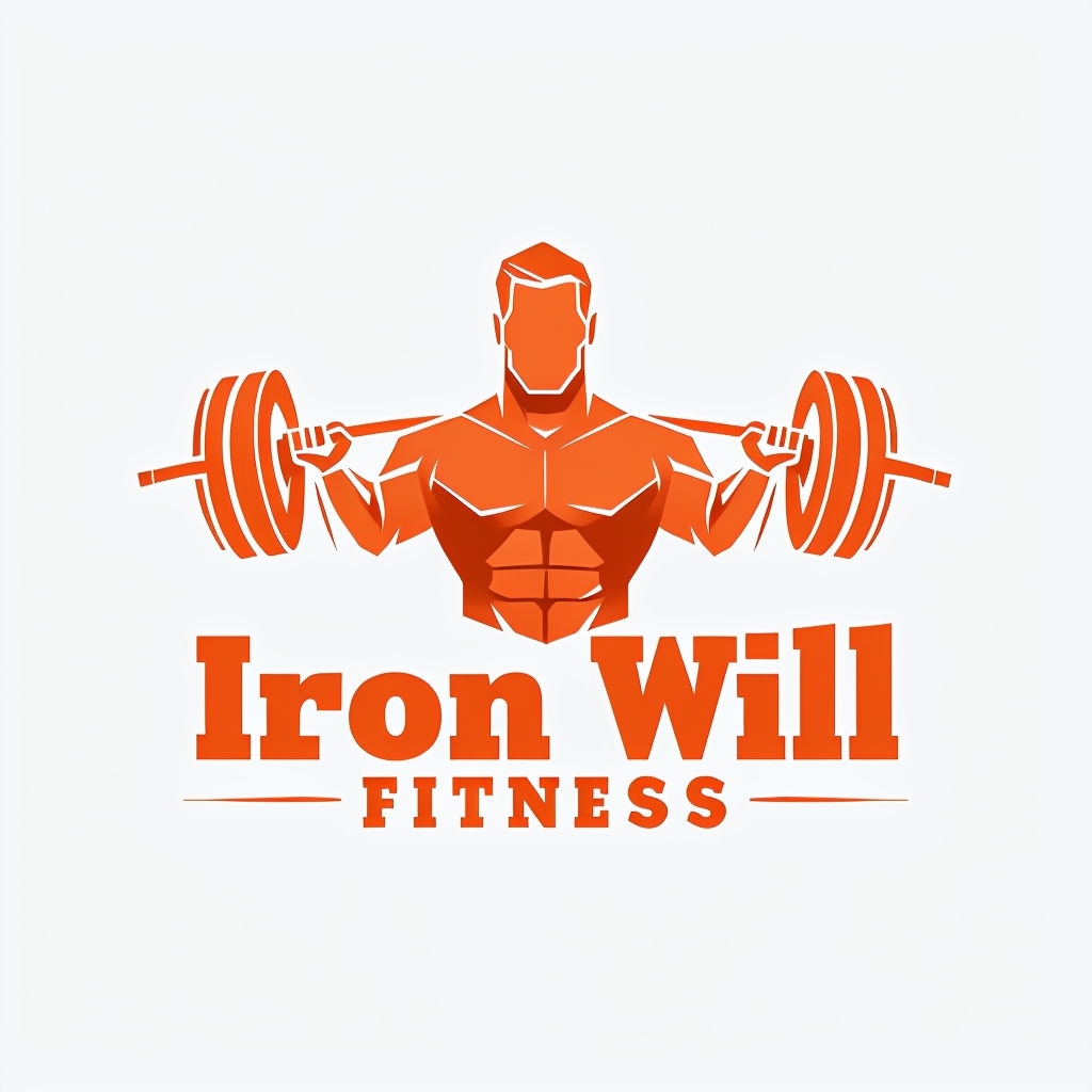 Stylized Male Figure Lifting Barbell Logo for Iron Will Fitness