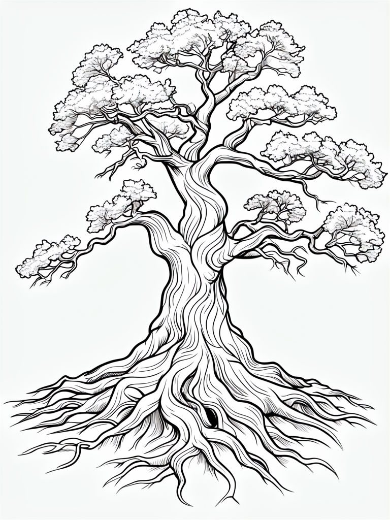 Dancing Majestic Oak Tree Line Art for Creative Coloring Book Pages