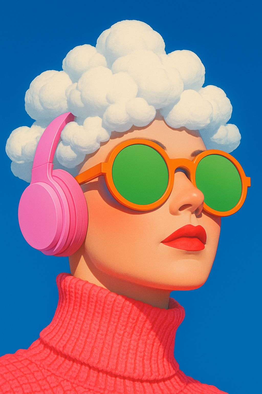 Whimsical Cloud Hairstyle and Bold Accessories Character Art