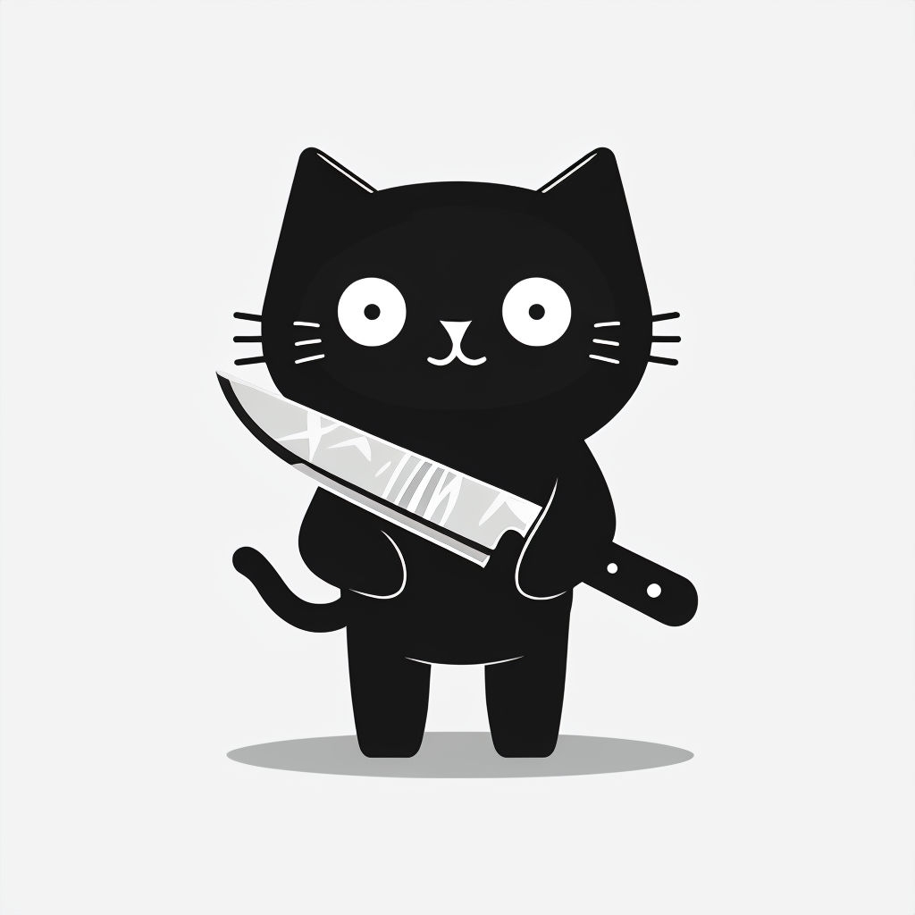 Cute Black Cat Holding Knife Minimalist Cartoon T-Shirt