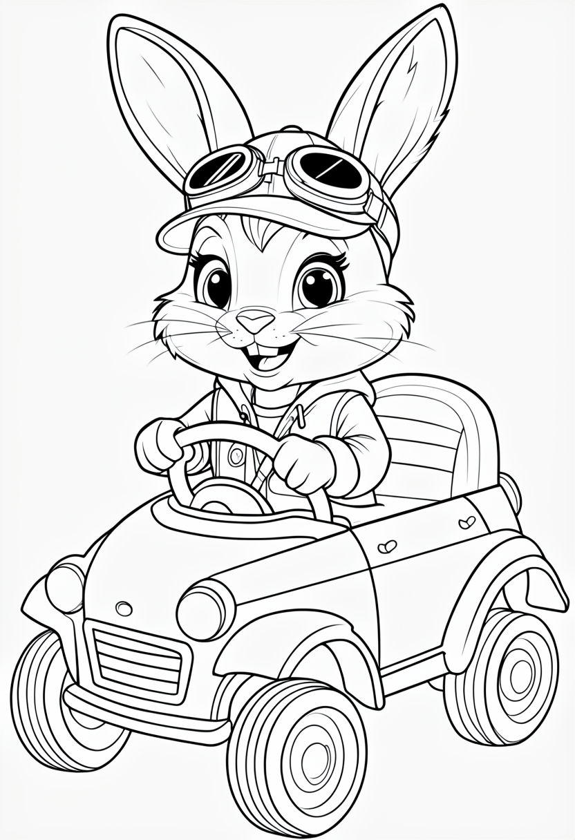 Playful Rabbit Driving Toy Car Coloring Page Design