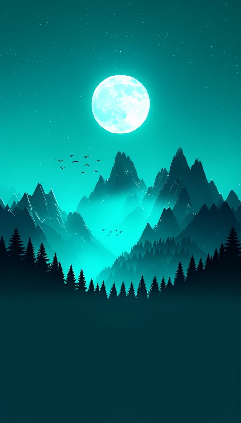 Tranquil Teal Mountain Landscape Under Full Moon Mobile Wallpaper