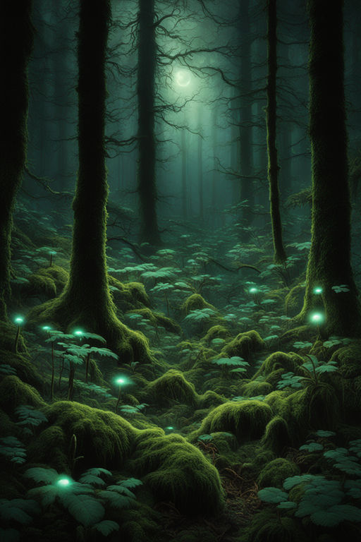 Create a mesmerizing wallpaper depicting a bioluminescent fo... by ...