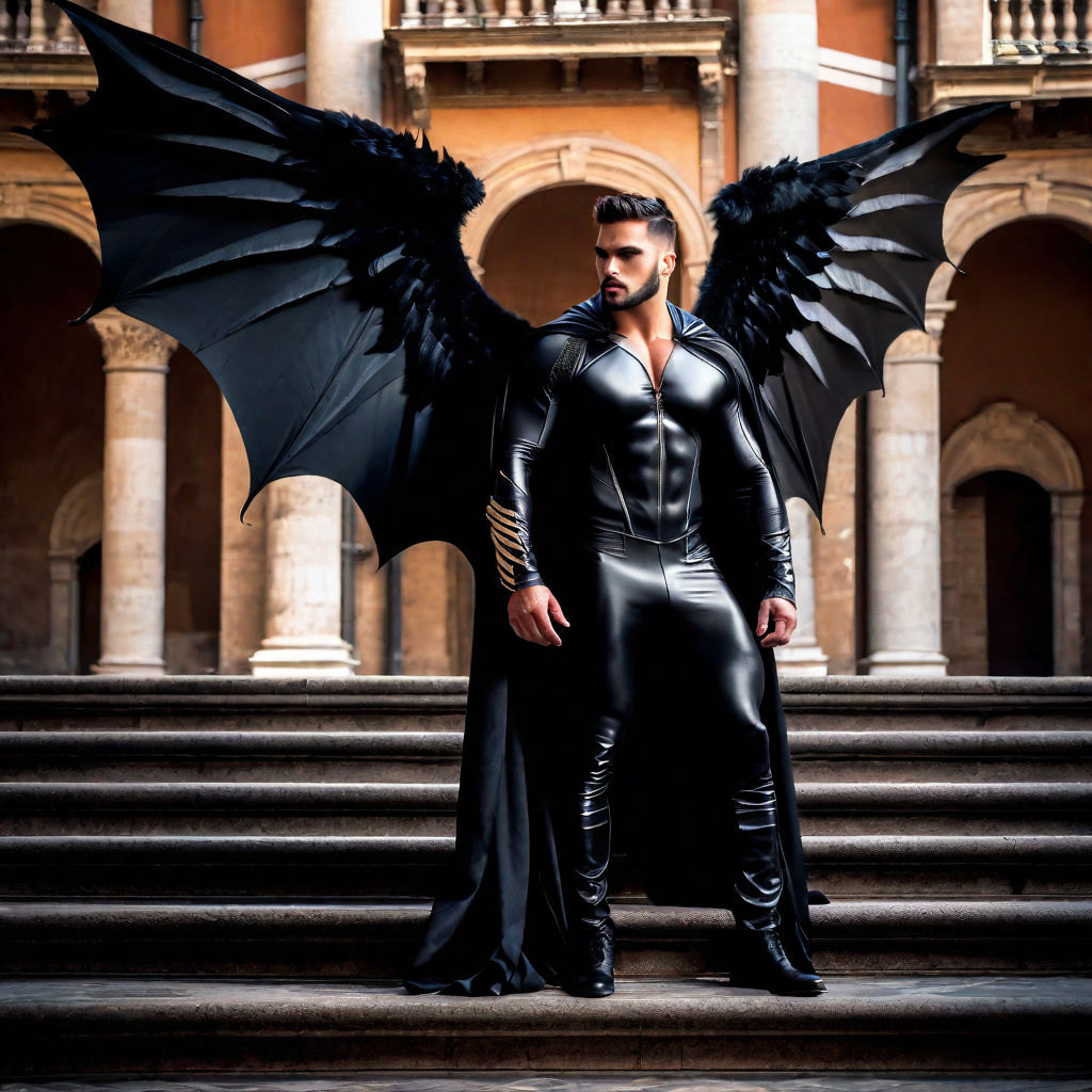 Black and beautiful Demon Queen Demi Sutra showing off her big bat wings.