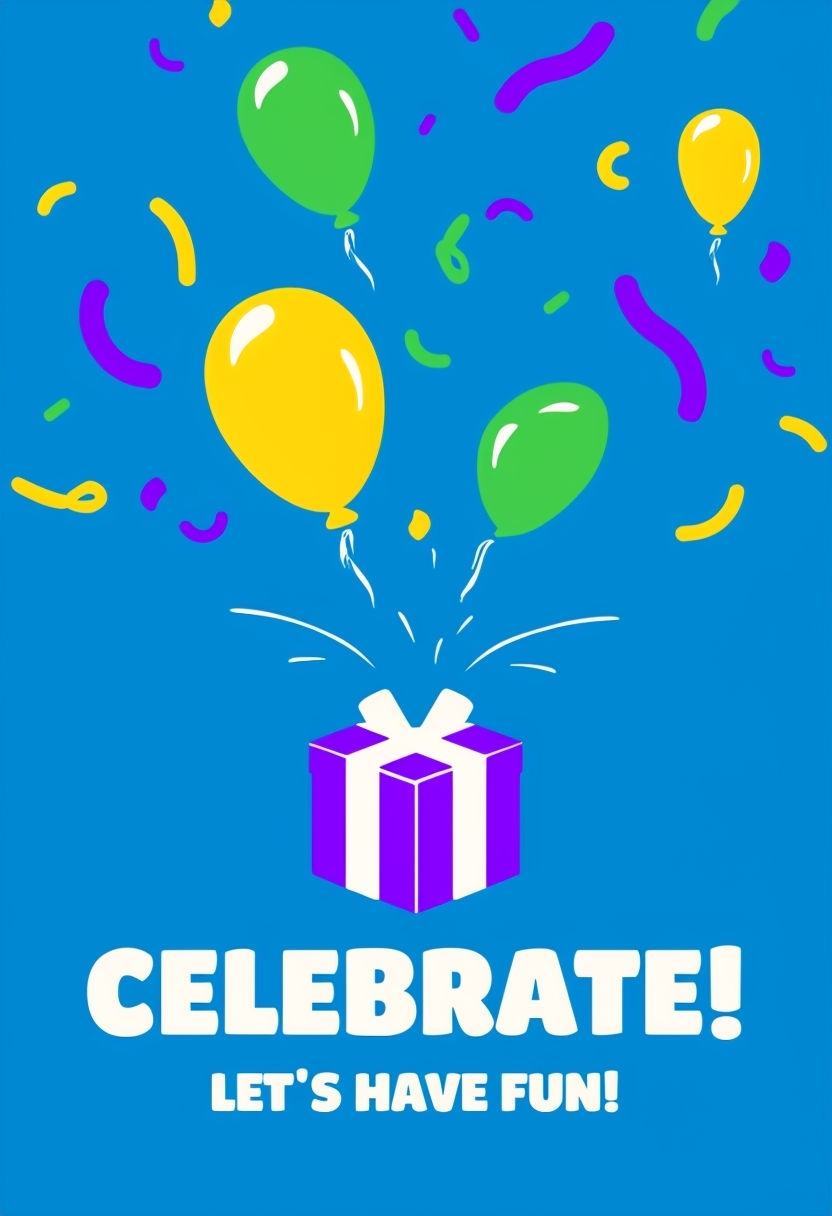 Vibrant Celebrate Event Sign with Fun Graphics and Balloons Design