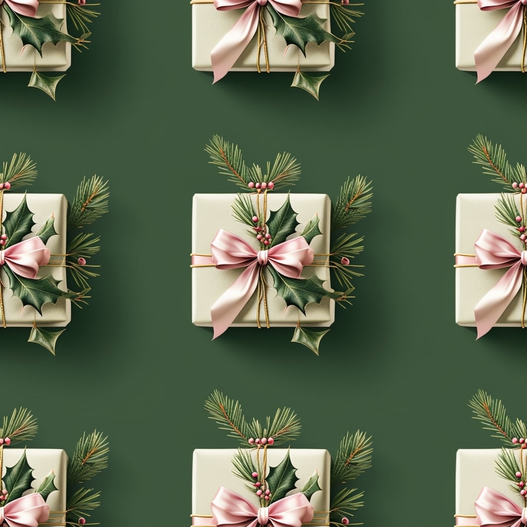 Festive Wrapped Gifts with Holiday Botanicals Seamless Pattern