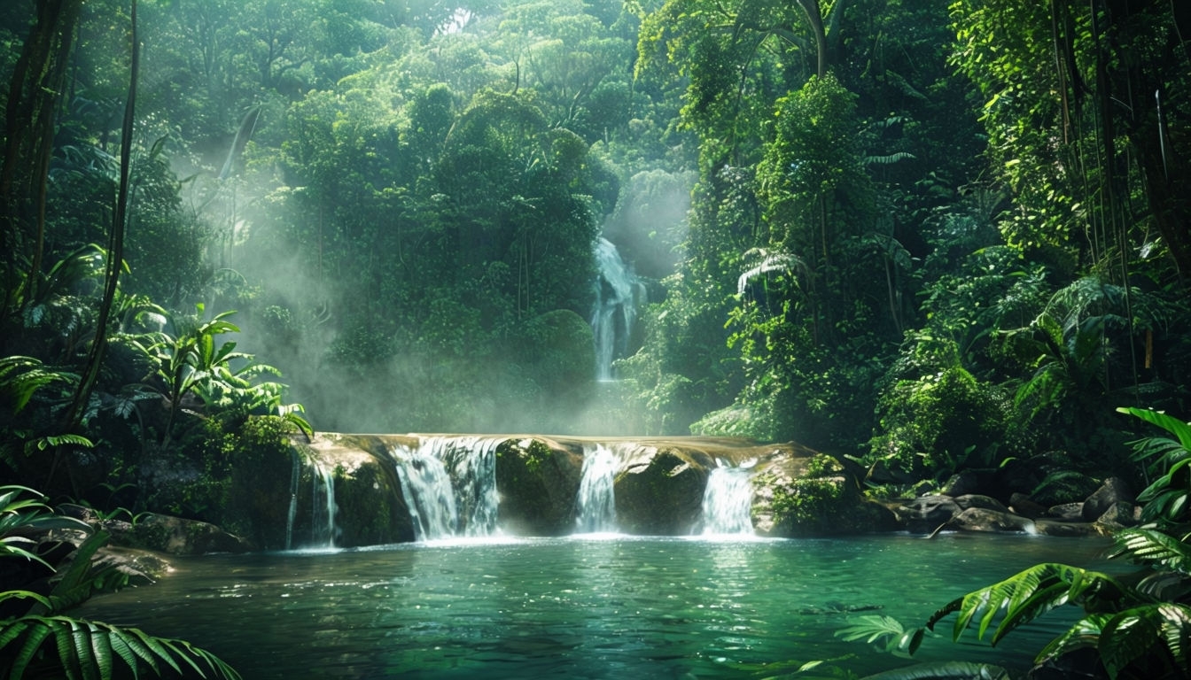 Serene Tropical Rainforest Waterfall Landscape Background