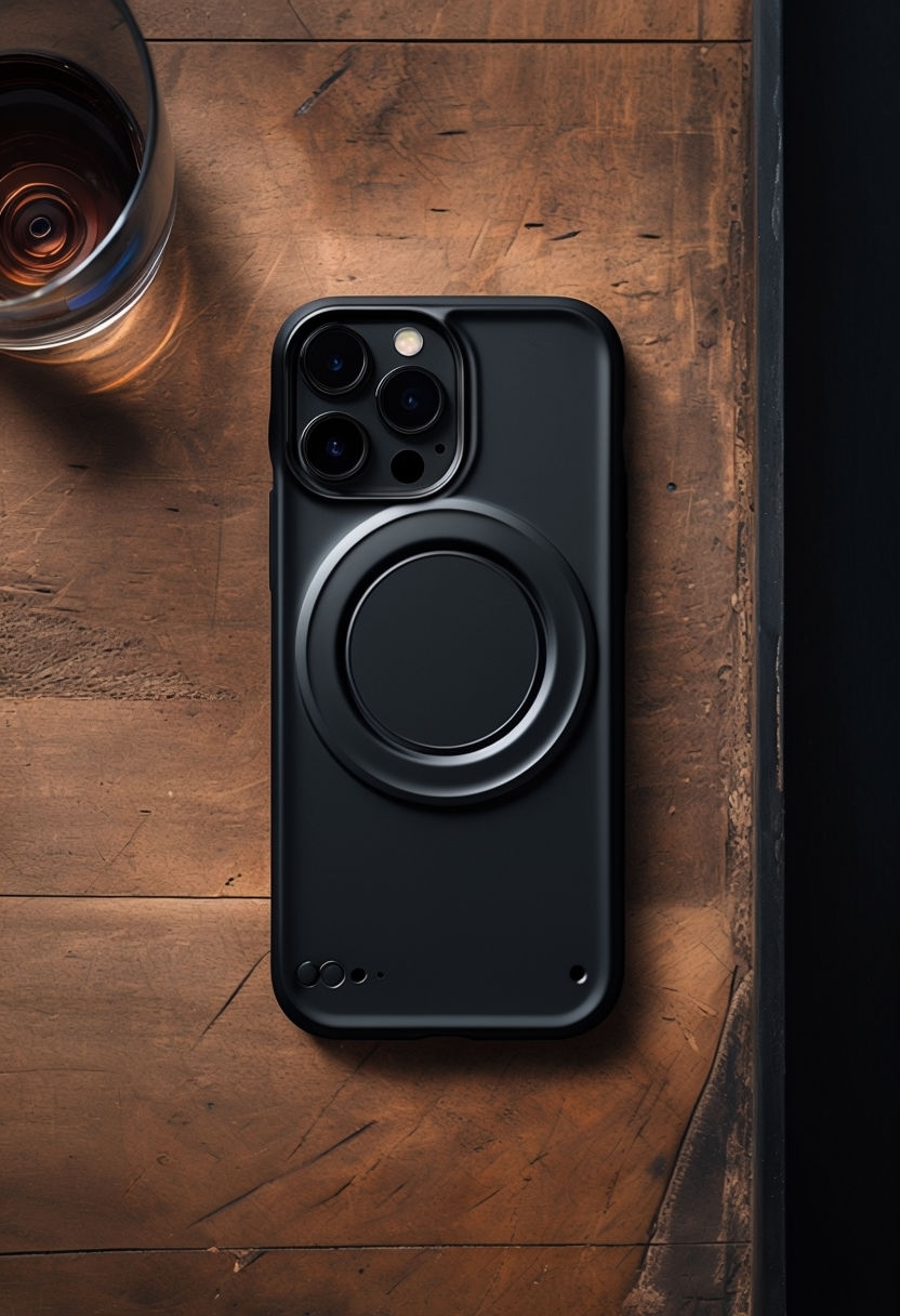 Elegant Black Smartphone Case on Warm Wooden Surface Mockup