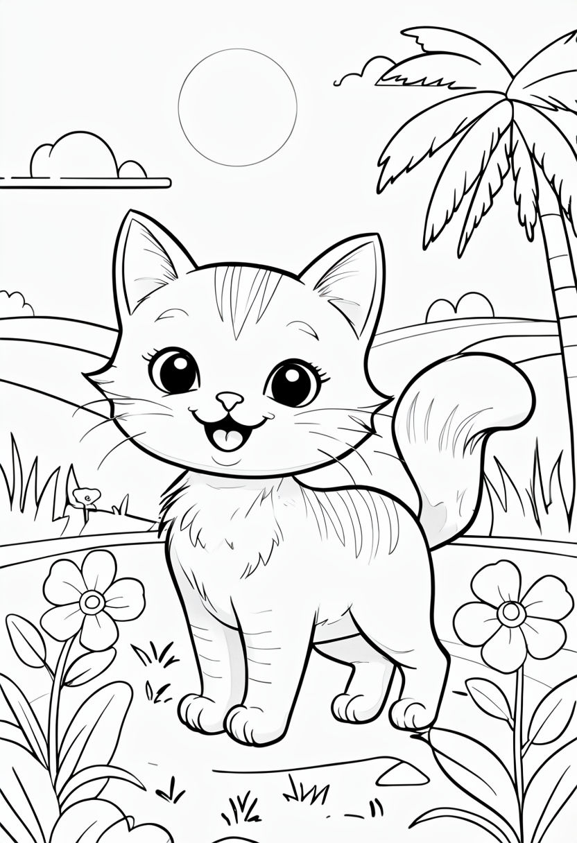 Cheerful Cartoon Cat in Garden Scene Coloring Page