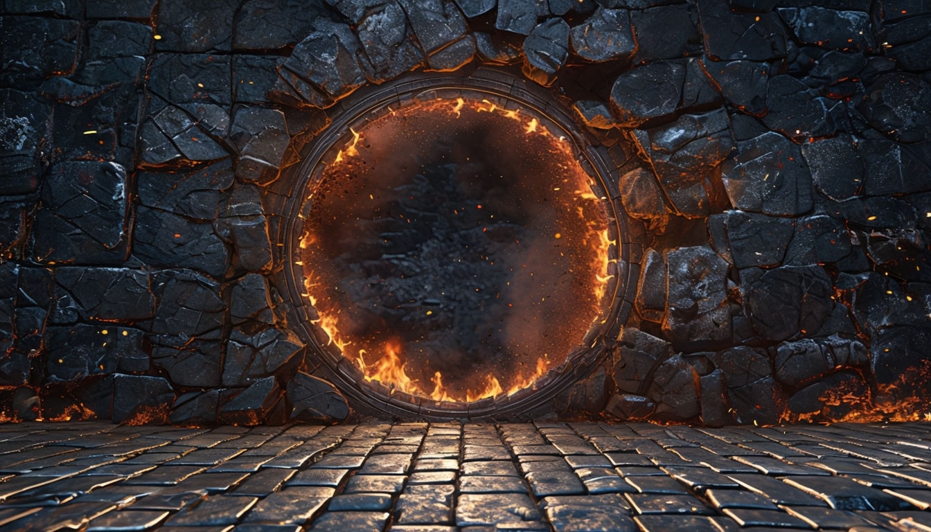 Fiery Circular Hole in Dark Stone Wall Fantasy Background