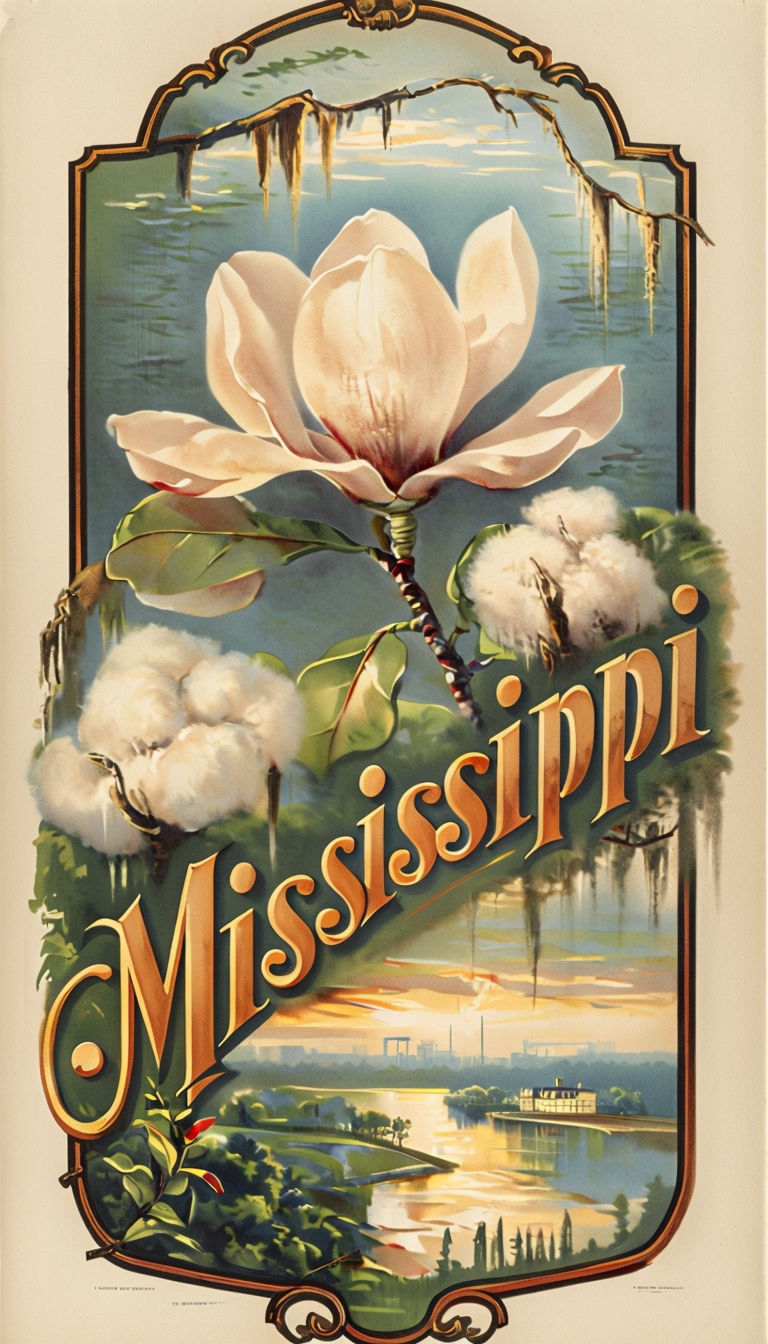 Warm Vintage Mississippi Travel Poster Featuring Magnolia Flower and River