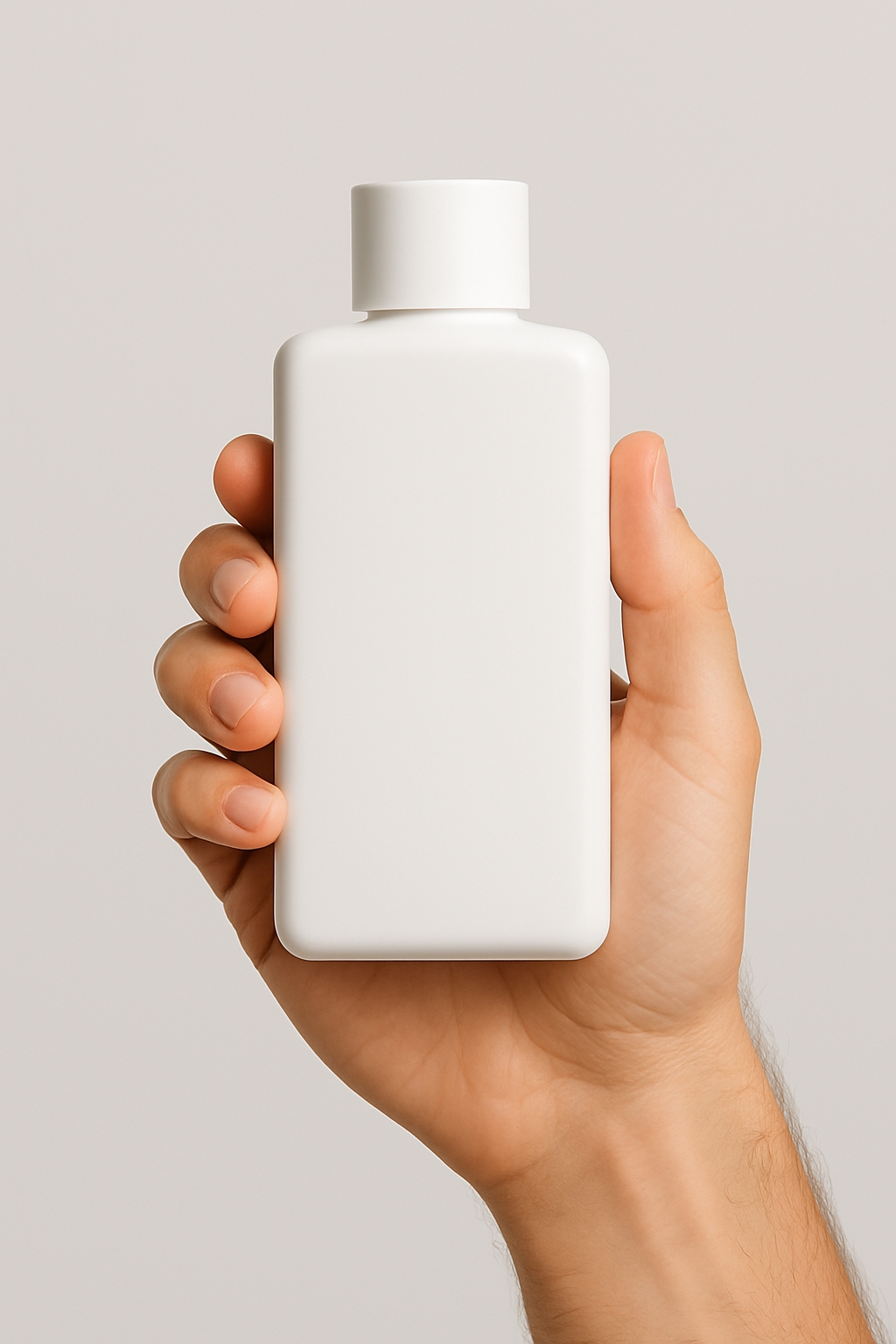 Minimalistic Hand Holding White Bottle on Gray Background Mockup