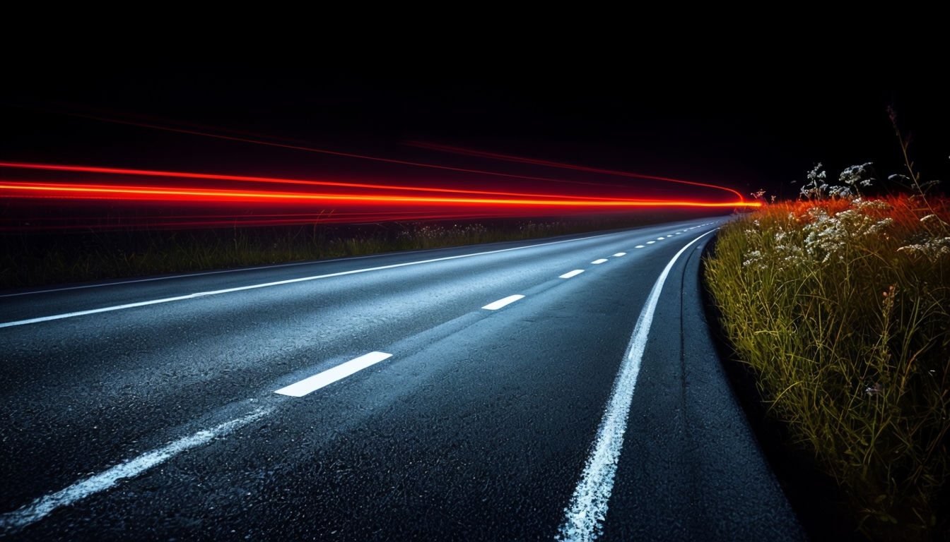 Dynamic Nighttime Curved Road with Glowing Light Trails Background
