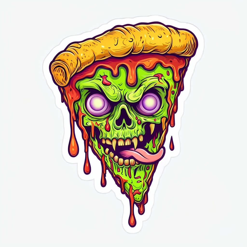 Zombie-Themed Pizza Slice Illustration with Whimsical Horror Sticker