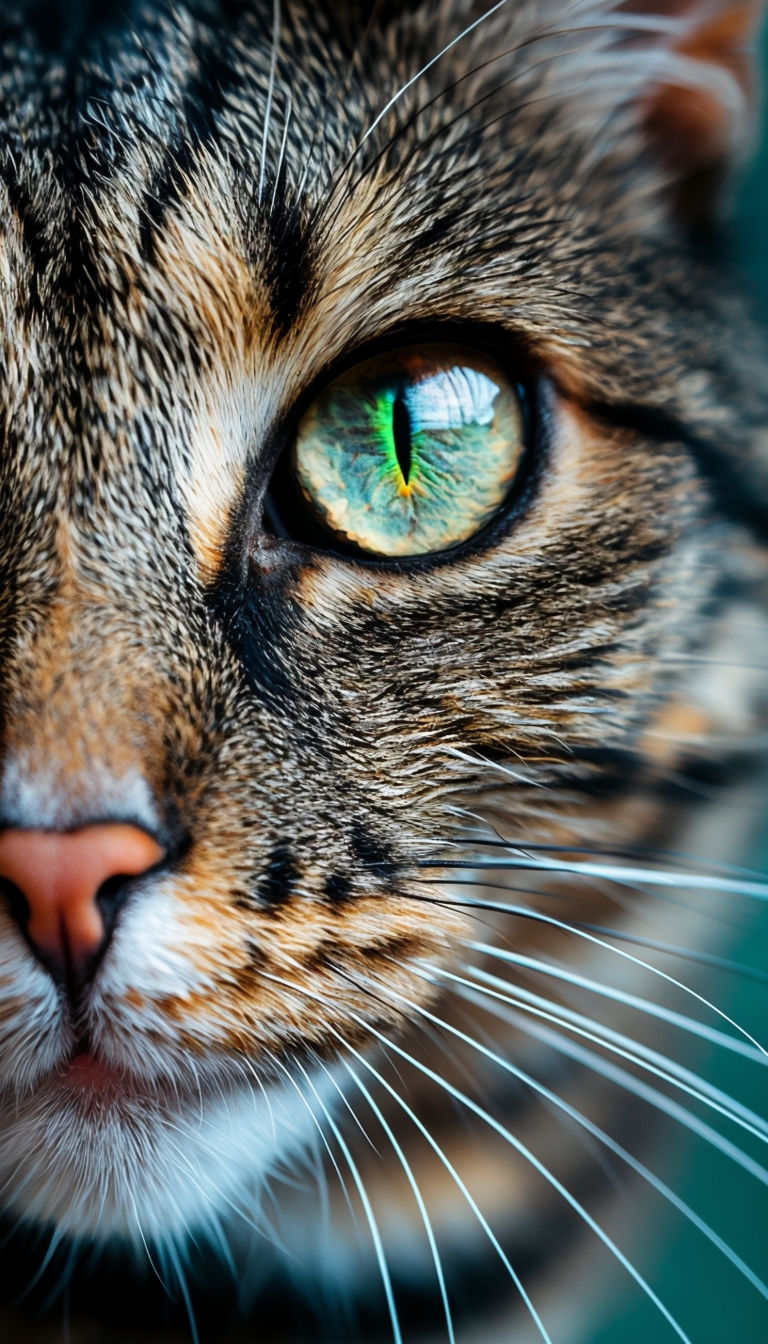 Intricate Close-Up of a Tabby Cat's Face with Captivating Green Eye Art