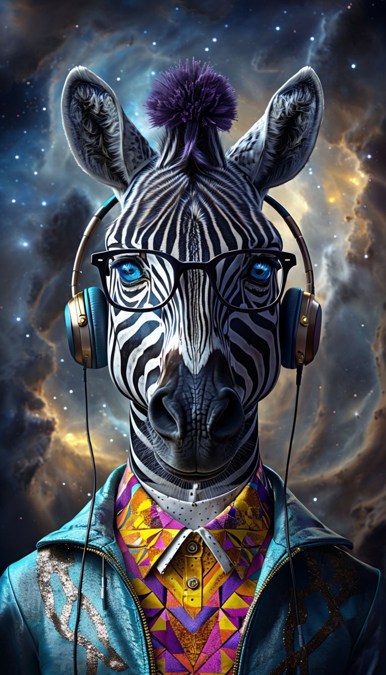 Whimsical Zebra with Headphones in Cosmic Nebula Art