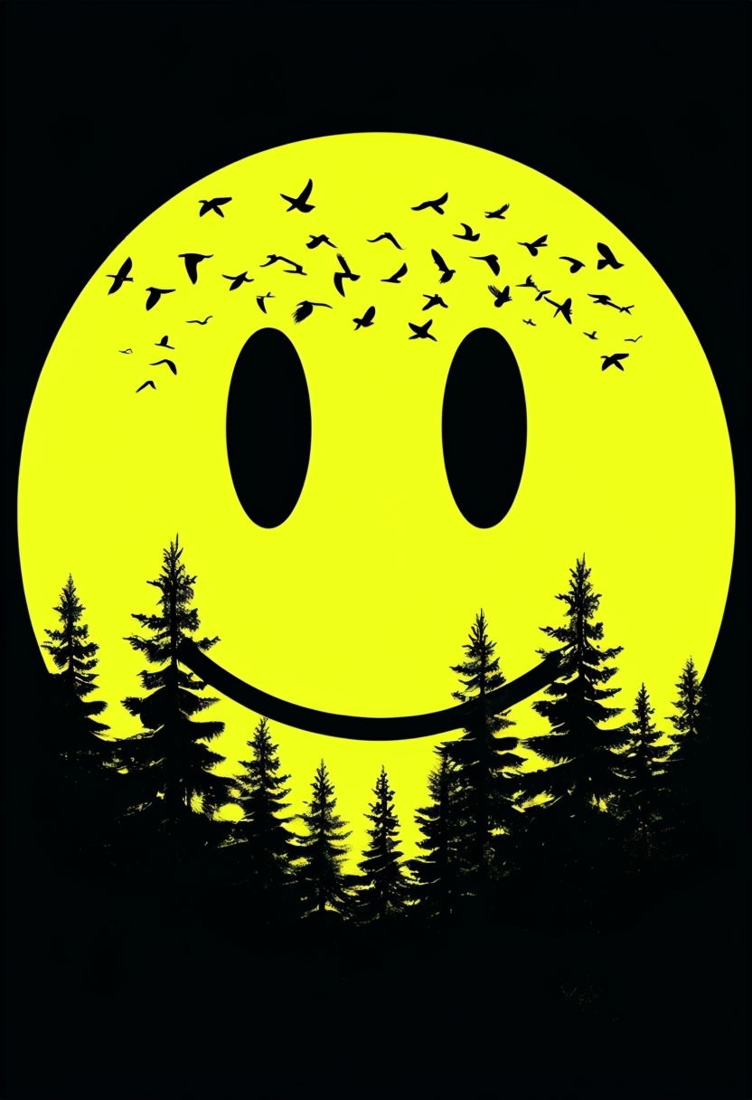 Bold Yellow Smiley Face with Birds and Trees Graphic T-Shirt