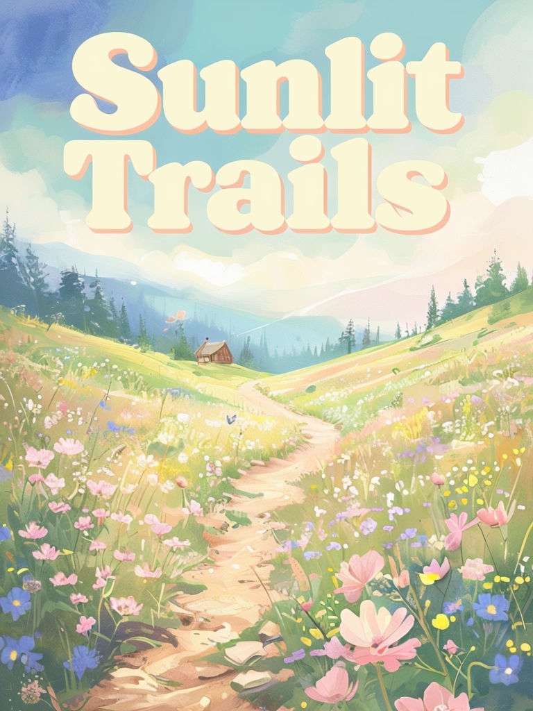 Cheerful Sunlit Trails Hiking Illustration with Vibrant Meadow Poster