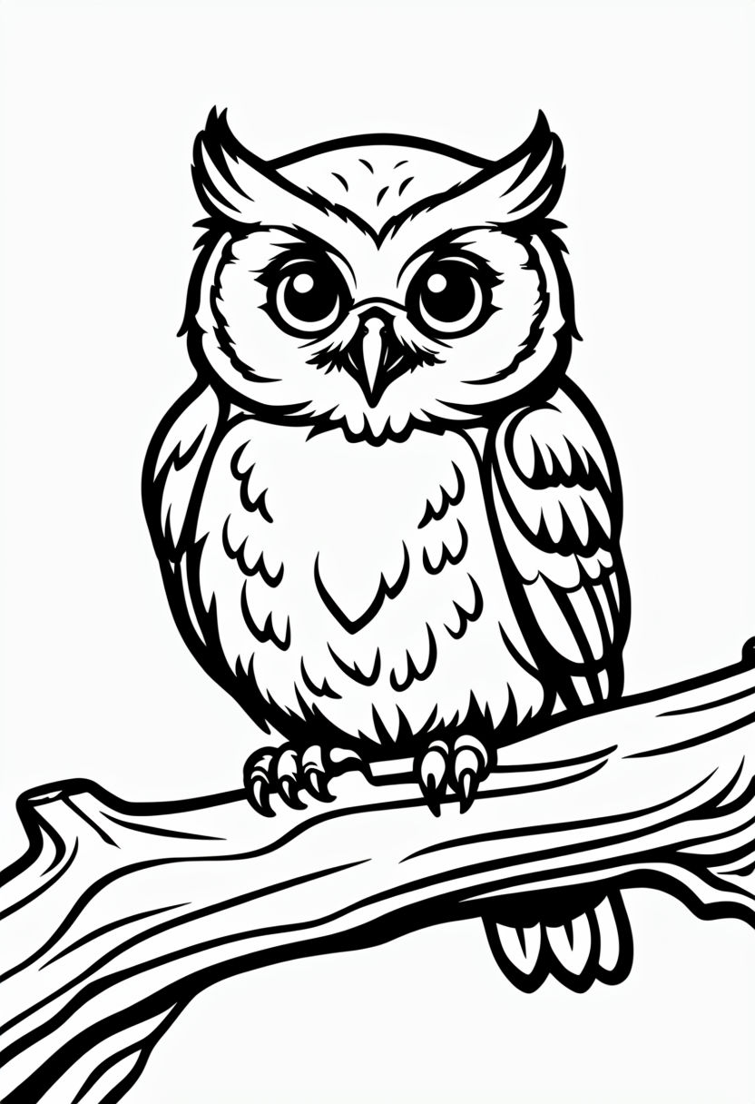 Charming Baby Owl Perched on Branch Coloring Book Page