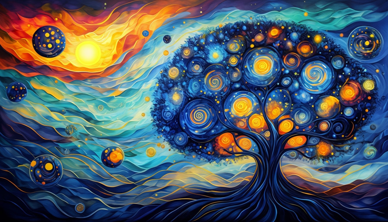 Mystical Tree with Galaxy Canopy Abstract Art Background