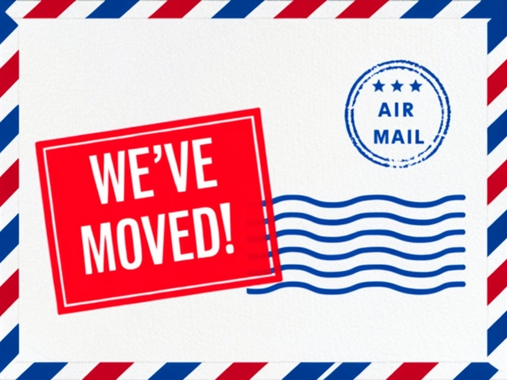 Classic Airmail Envelope Illustration with "We've Moved!" Message Card
