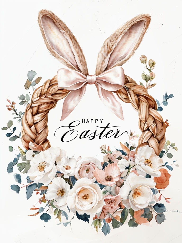 Festive Watercolor Bunny Ears Easter Wreath Card Design