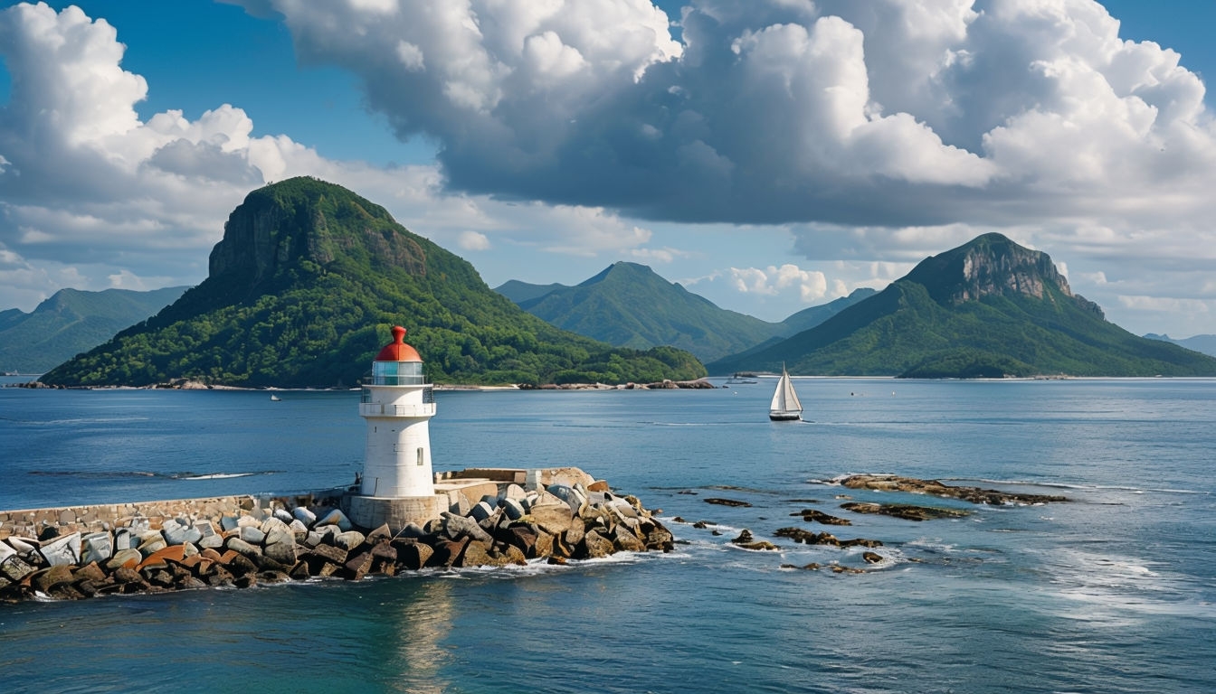 Serene Coastal Landscape with Lighthouse and Sailboat Virtual Background